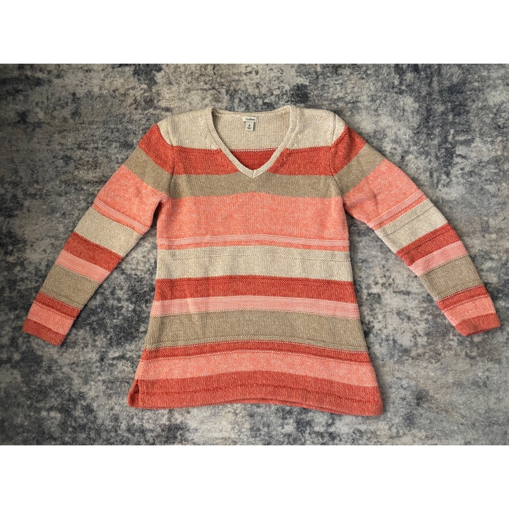 LL Bean Womens Colorful Orange Striped Colorblock Chunky Knit Pullover Sweater M